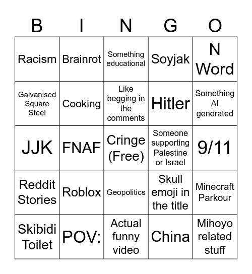 Shorts Bingo Card