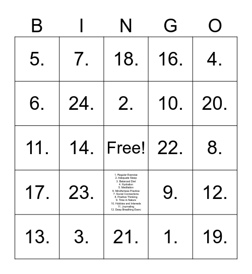 Healthy Lifestyle Bingo Card