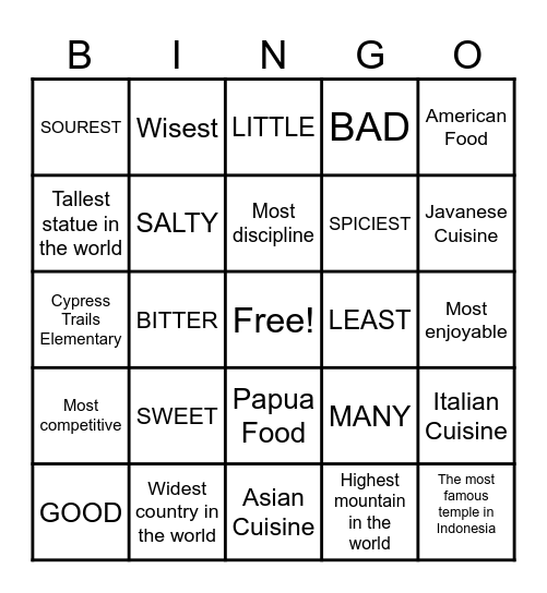 Superlative Adjective Bingo Card