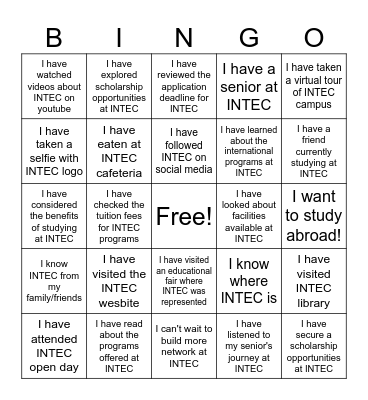 INTEC EDUCATION COLLEGE Bingo Card