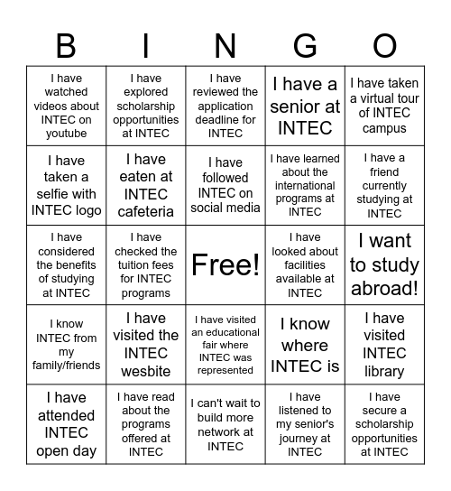 INTEC EDUCATION COLLEGE Bingo Card