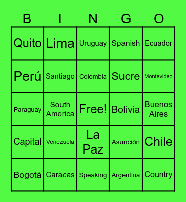 South America Countries/Capitals Bingo Card