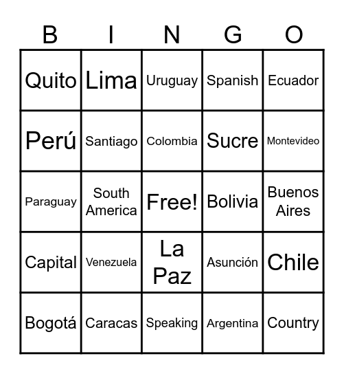 South America Countries/Capitals Bingo Card