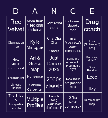 Just Dance 2025 Bingo Card