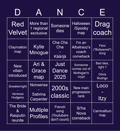 Just Dance 2025 Bingo Card