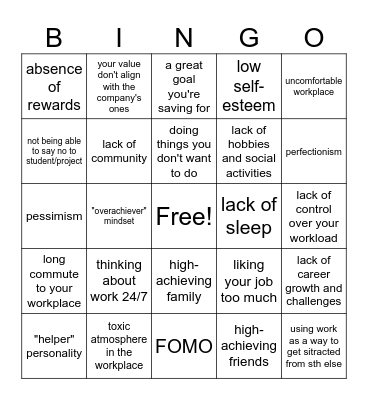 Burnout Bingo Card