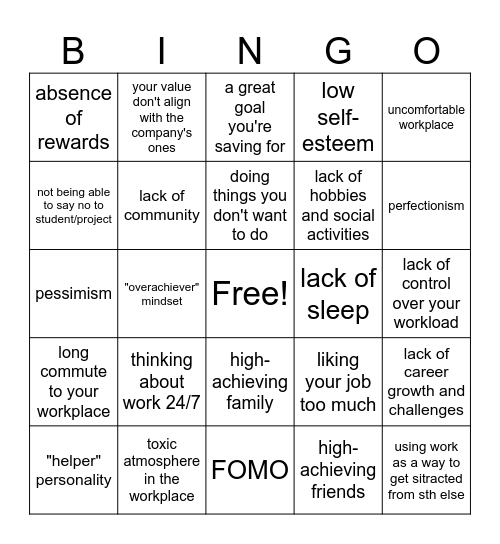 Burnout Bingo Card