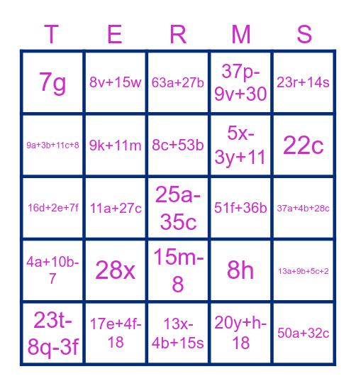 Combining Like Terms BINGO!! Bingo Card