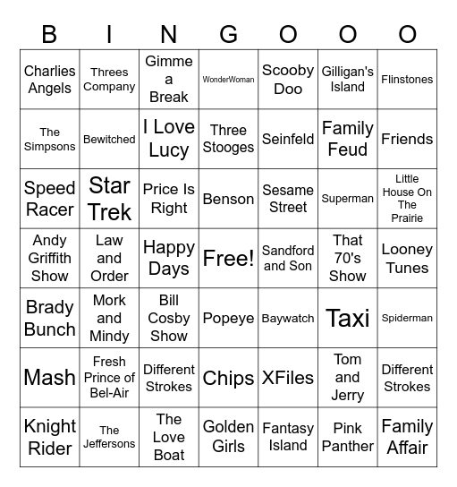 TV Show Themed Bingo Card