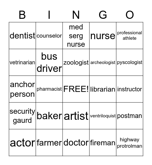 VOCATIONAL Bingo Card