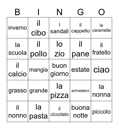 Period 4 Favorite Italian word Bingo Card