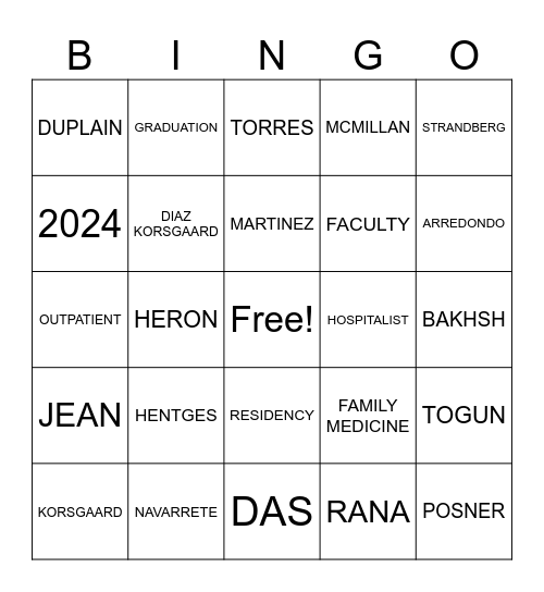 Graduation Bingo Card