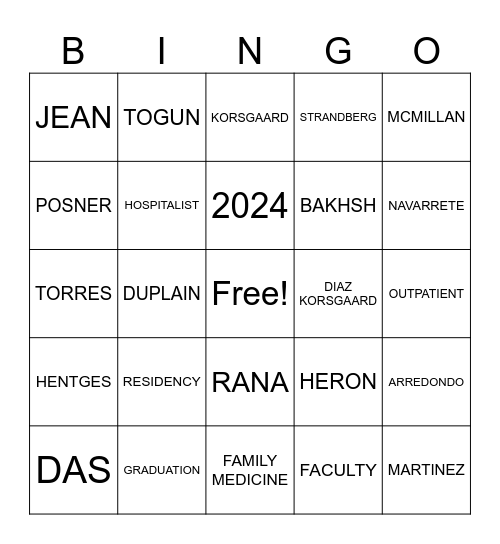 Graduation Bingo Card