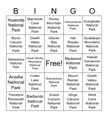 ITAG National Parks Bingo Card