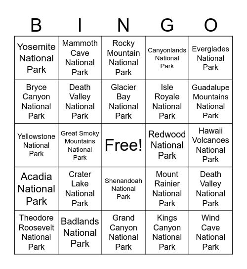 ITAG National Parks Bingo Card