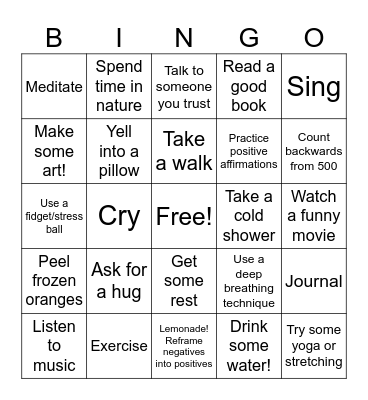 Coping Skills Bingo Card