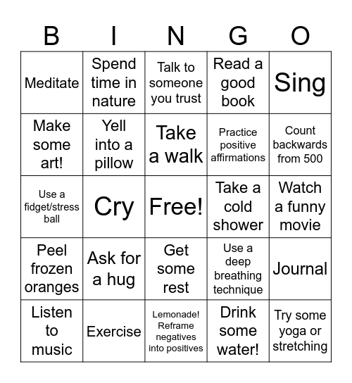 Coping Skills Bingo Card