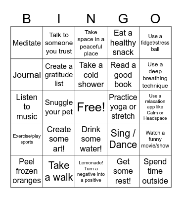 Coping Skills Bingo Card