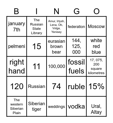 Russian Culture Bingo Card