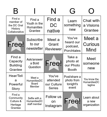 HumanitiesDC Summer Open House Bingo Card