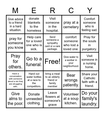 Spiritual and Corporal Works of Mercy Bingo Card
