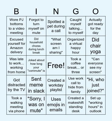 Remote Work Bingo Card