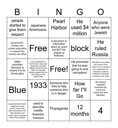 social Studies Bingo Card