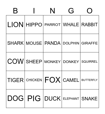 ANIMALS Bingo Card