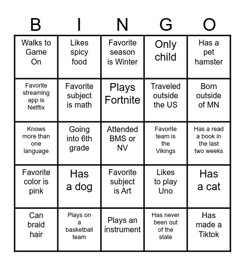 Game On Camper Bingo Card