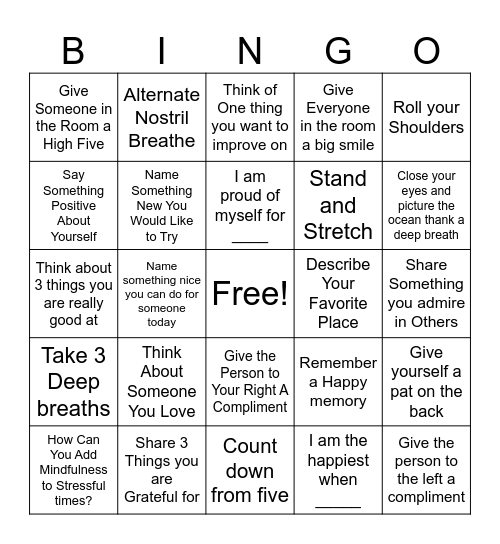 Mindfulness Bingo Card