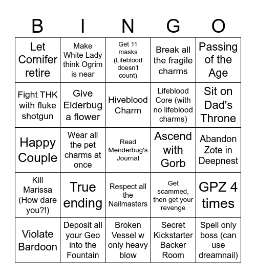 Hollow Knight Bingo Card