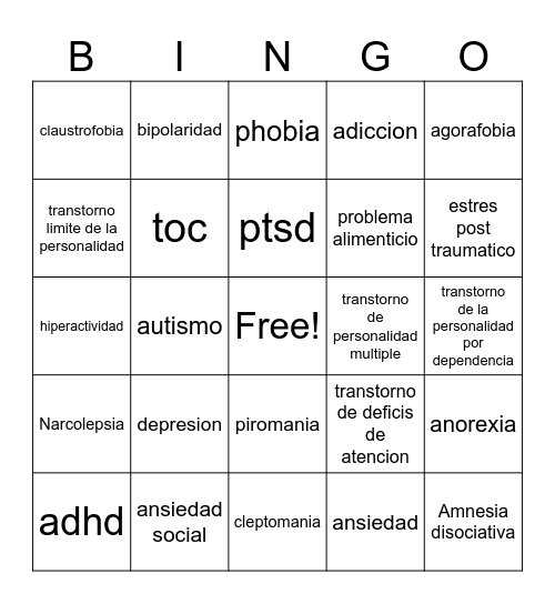 enfermedades mentales Bingo Card