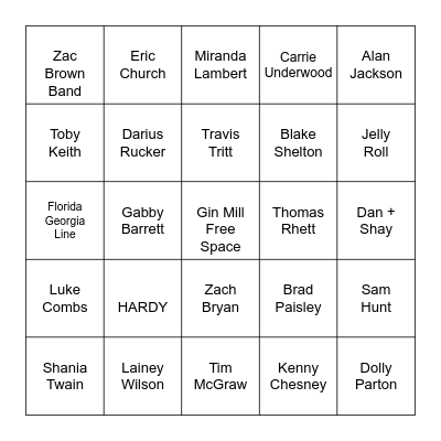 Name the Country Artist Bingo Card