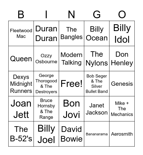 HN 1980's Artists #2 Bingo Card