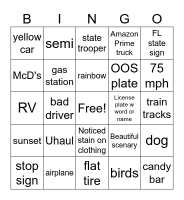 Road Trip Bingo Card