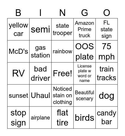 Road Trip Bingo Card