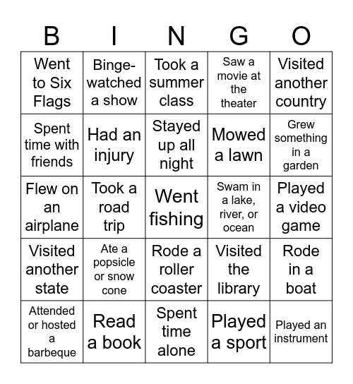 "I Know What You Did Last Summer!" Bingo Card