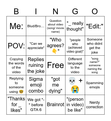 YT shorts comments Bingo Card