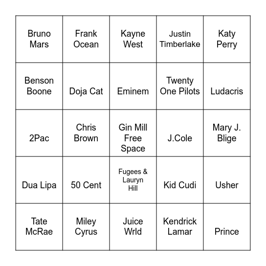 POP, HIP HOP and R&B Bingo Card