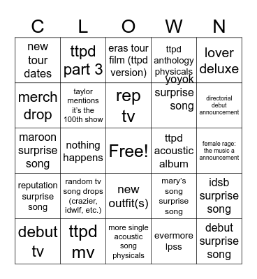 6/13 Clown Bingo Card
