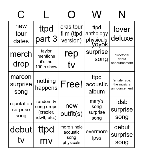 6/13 Clown Bingo Card