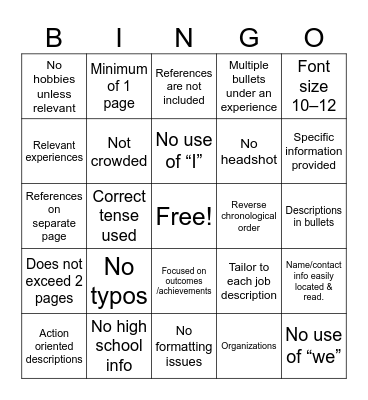 Resume Bingo Card