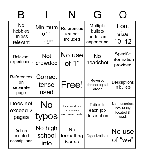 Resume Bingo Card