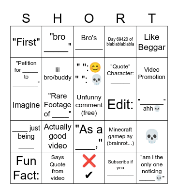 Youtube Shorts Bingo Card