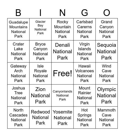 ITAG National Parks Bingo Card