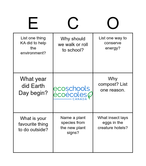 EcoSchool Bingo Card