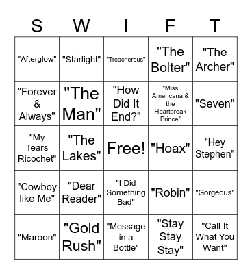 Taylor Swift Songs Bingo Card