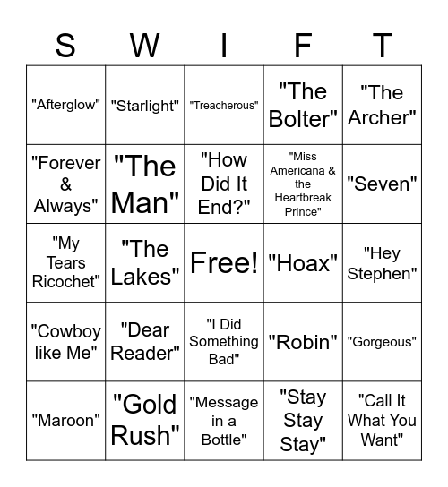 Taylor Swift Songs Bingo Card
