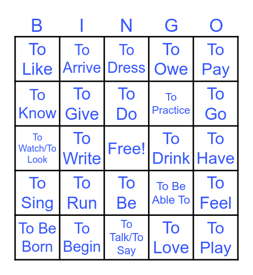 Verb Bingo! Bingo Card