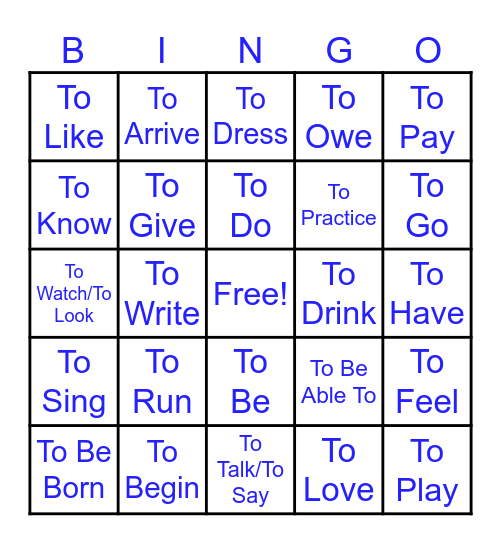 Verb Bingo! Bingo Card